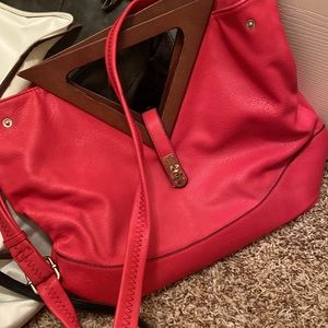 Super cute pink purse with wood handles and strap